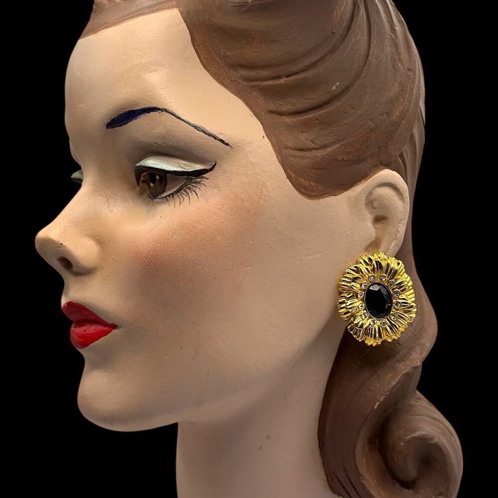 Vintage Kenneth Jay Lane Avon Sunflower Earrings Clip Signed Black Gold KJL - Picture 3 of 10